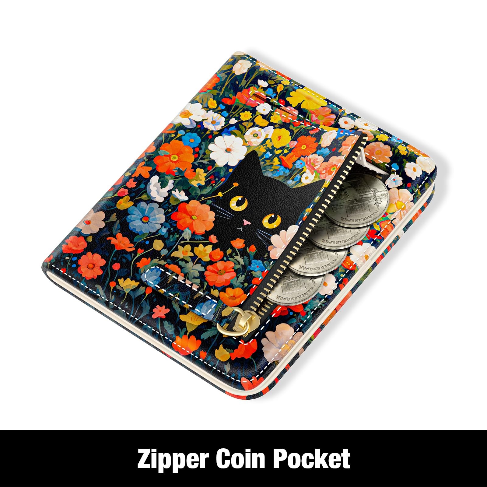 Rouidr Womens Wallet, RFID Small 4.3 x 3.6 x 0.6 inches, Colorful Flowers Cat