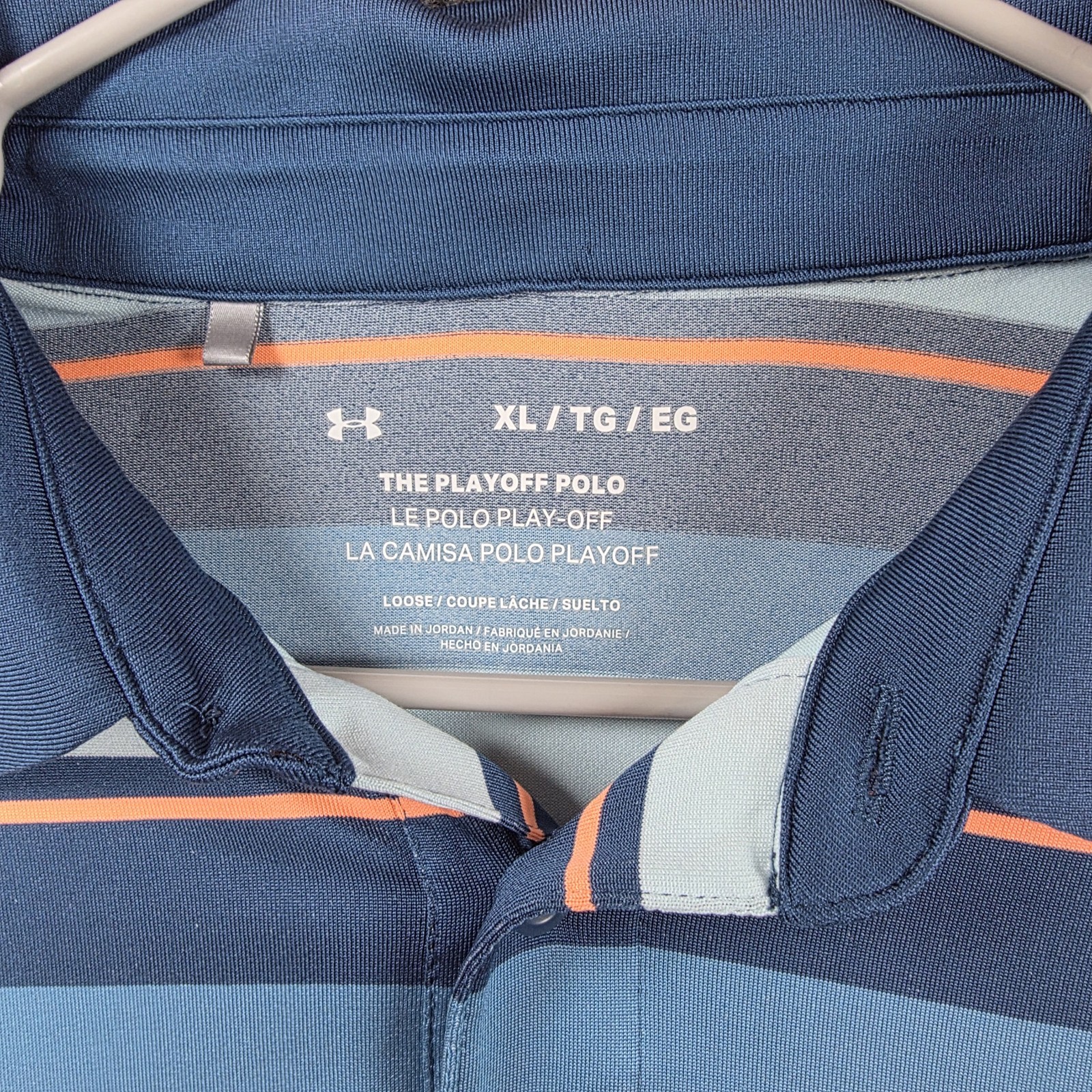 Under Armour Playoff Polo Shirt Mens XL Blue Coral Striped Loose Fit Golf Casual