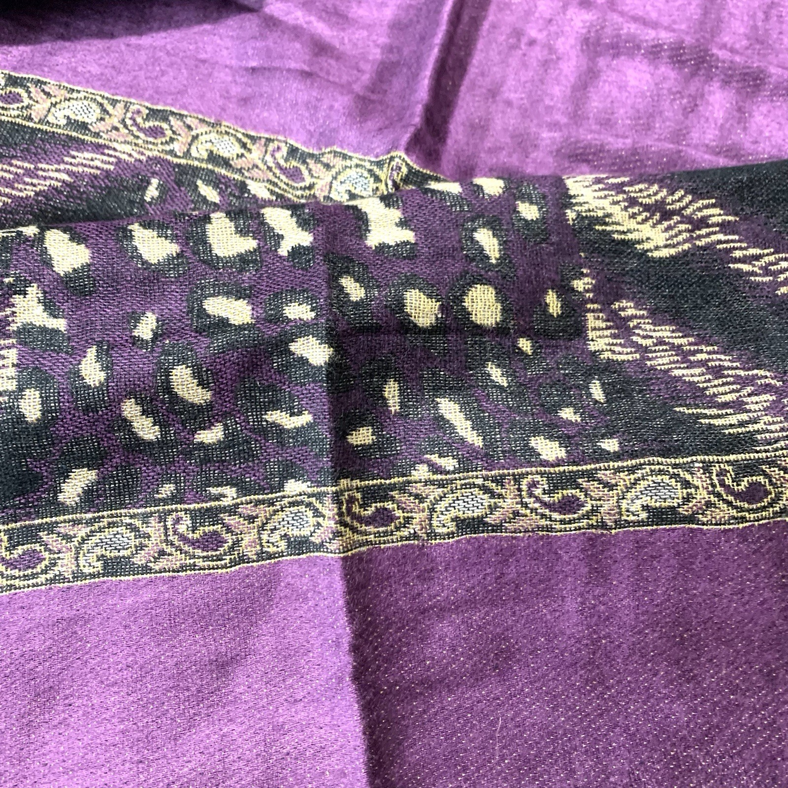 100% Pashmina Purple Black Geometric Fringe Animal Print Scarf Shawl 68″X26″
