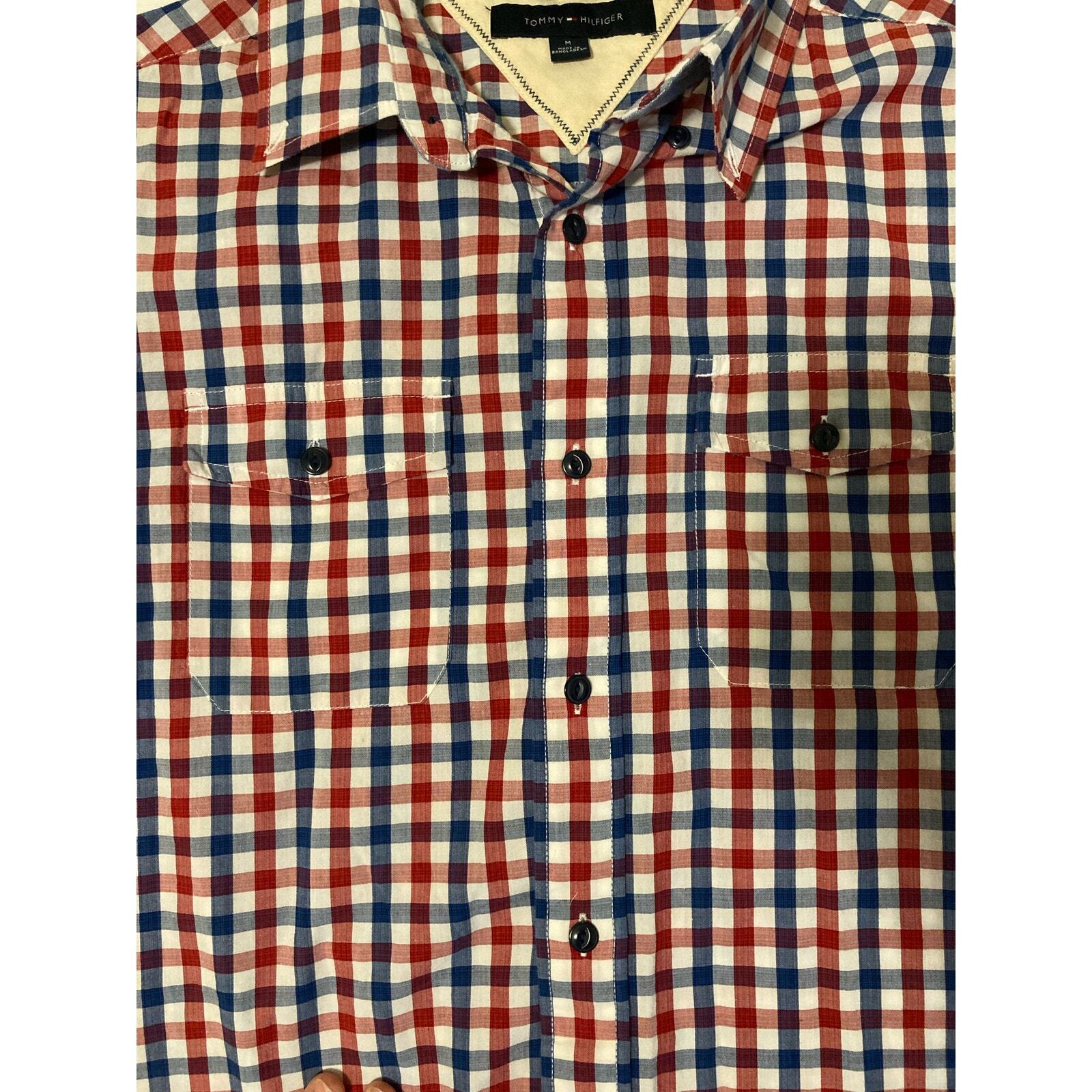 Tommy Hilfiger Navy Blue Red & White Plaid Button Down Shirt Men Size M