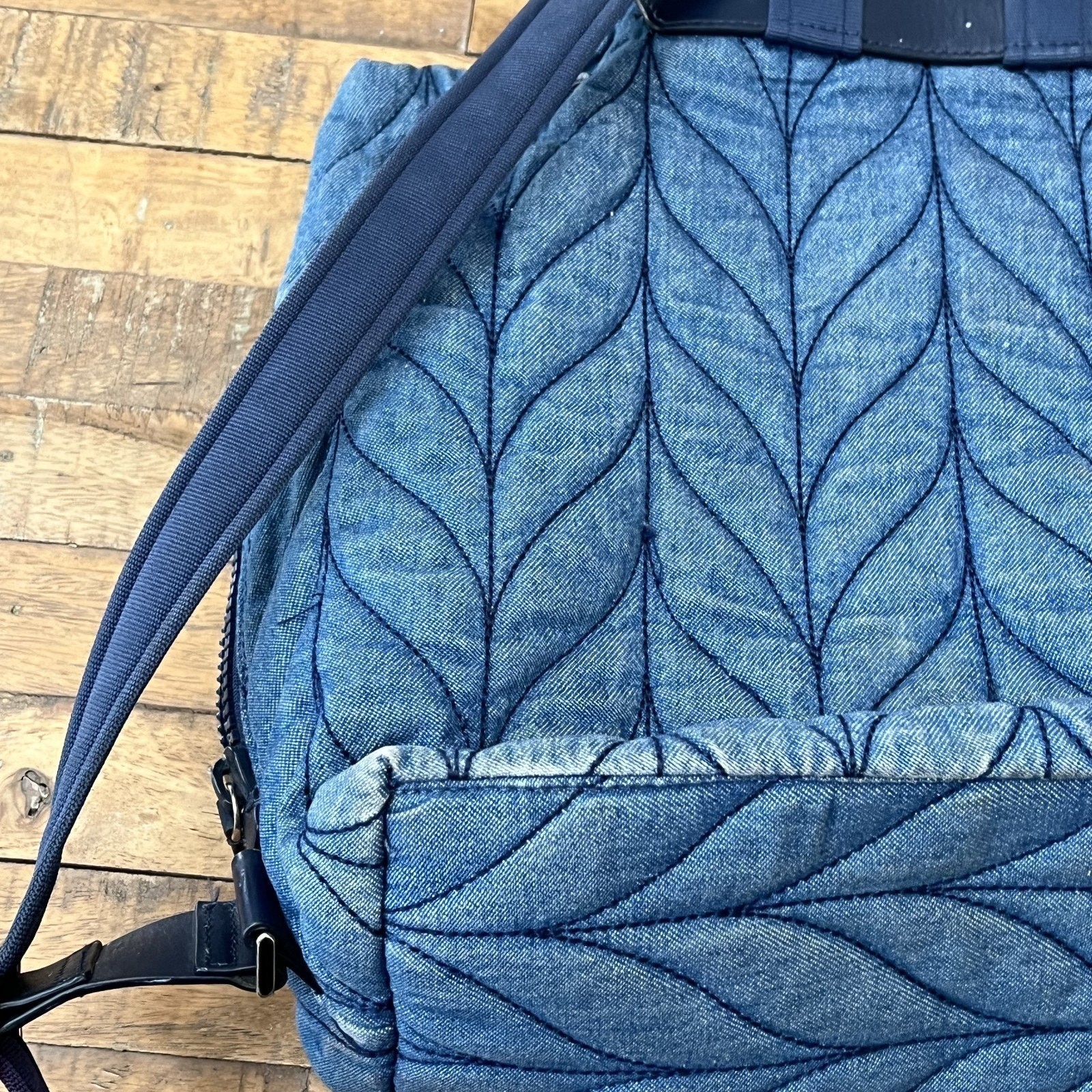 Kate Spade Ellie Large Flap Drawstring Backpack 13.5 in Tall Quilted Denim