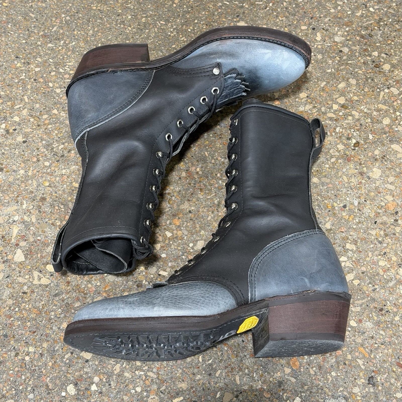Vintage J Chisholm Packer Logger Boots Black Two Tone Kiltie Made In USA 8.5 D