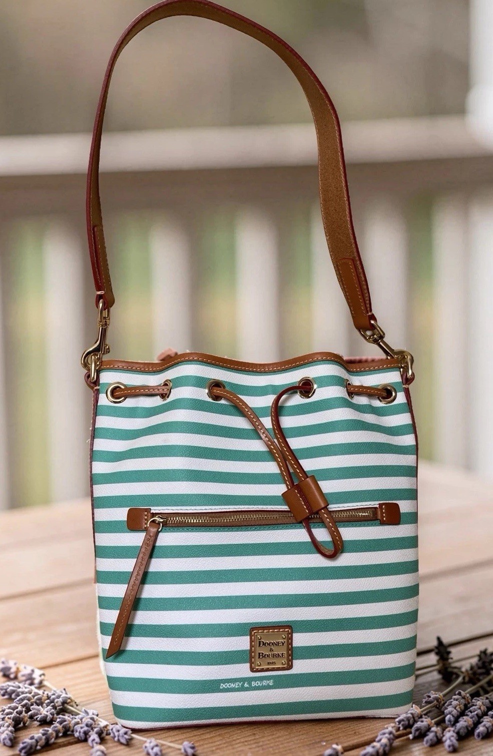 Dooney Bourke Sullivan Stripes Seafoam Spearmint Green Drawstring Bucket Bag