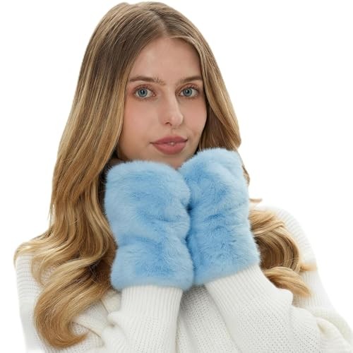 Women Fingerless Faux Fur Gloves Plush Furry Mittens Soft Fluffy 1 Light Blue