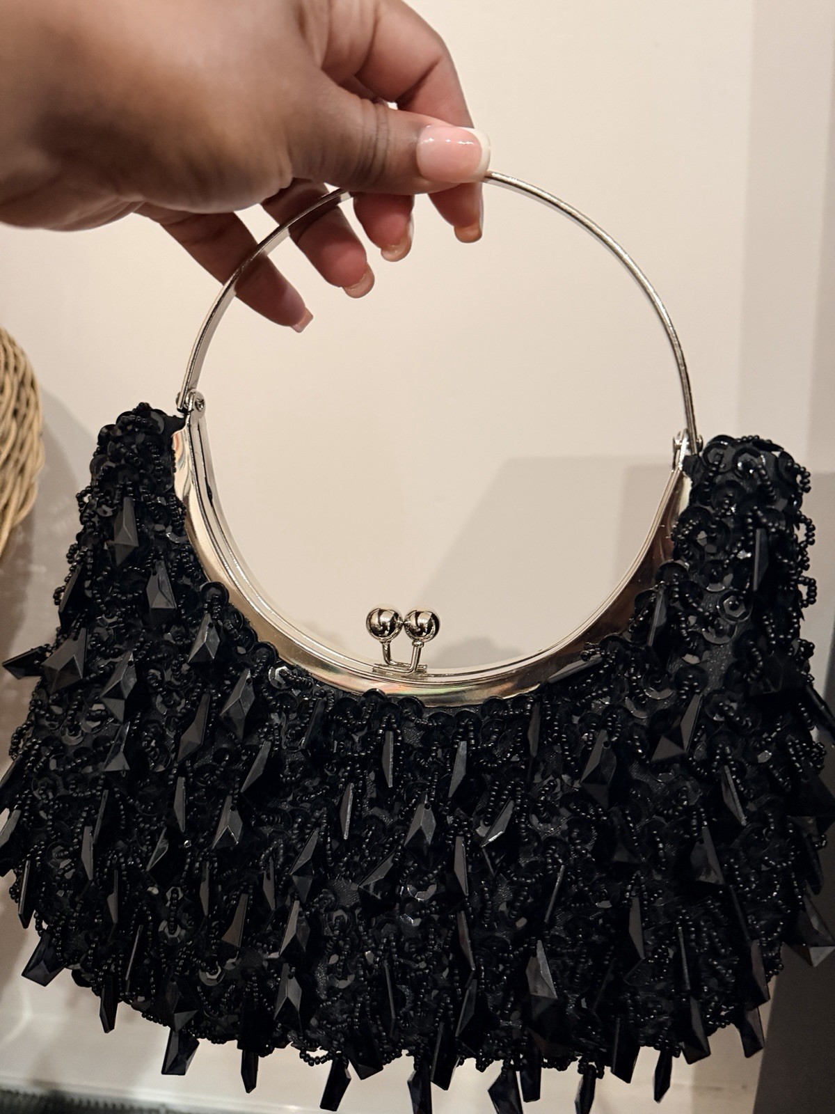 Black Beaded Kiss Lock Top Handle Clutch Evening Bag, Silver-Tone Frame