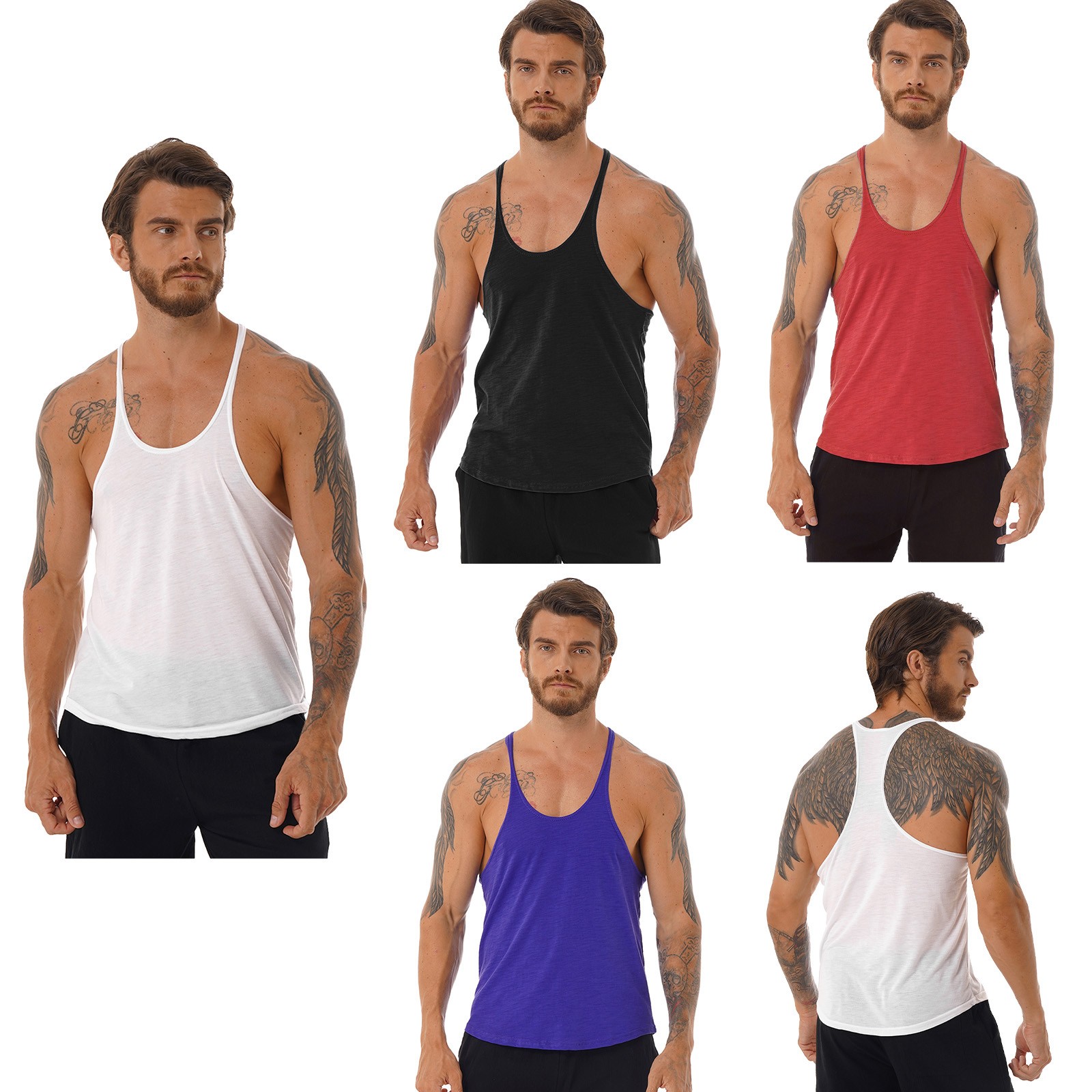 Men Workout Tank Top Deep U Neck Bodybuilding Gym Fitness Muscle Vest Basketball