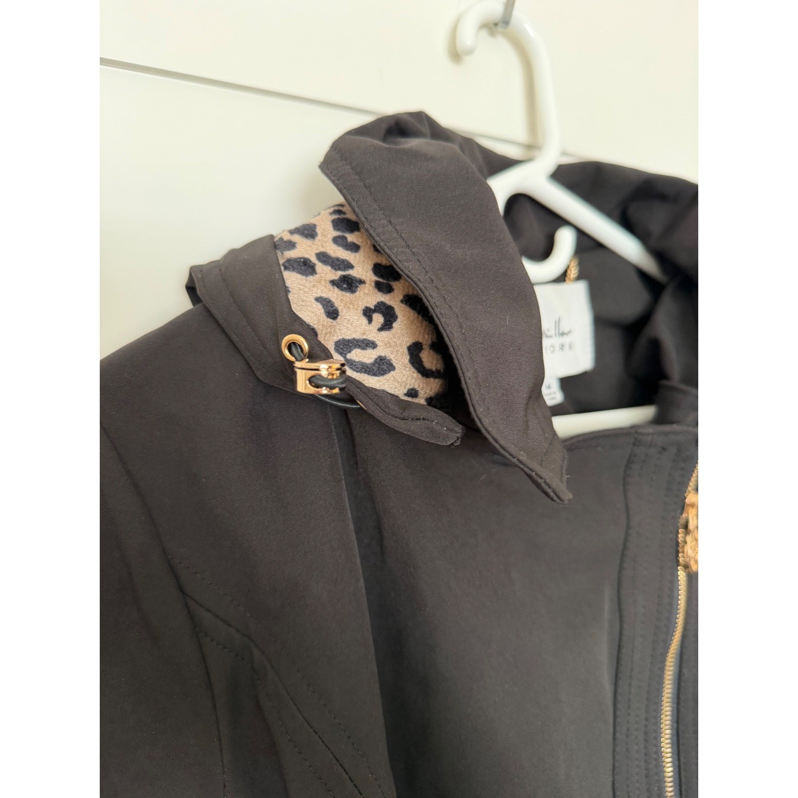 Nicole Miller New York Trench Coat Black Belted Leopard Hood Moto Zip Womens M