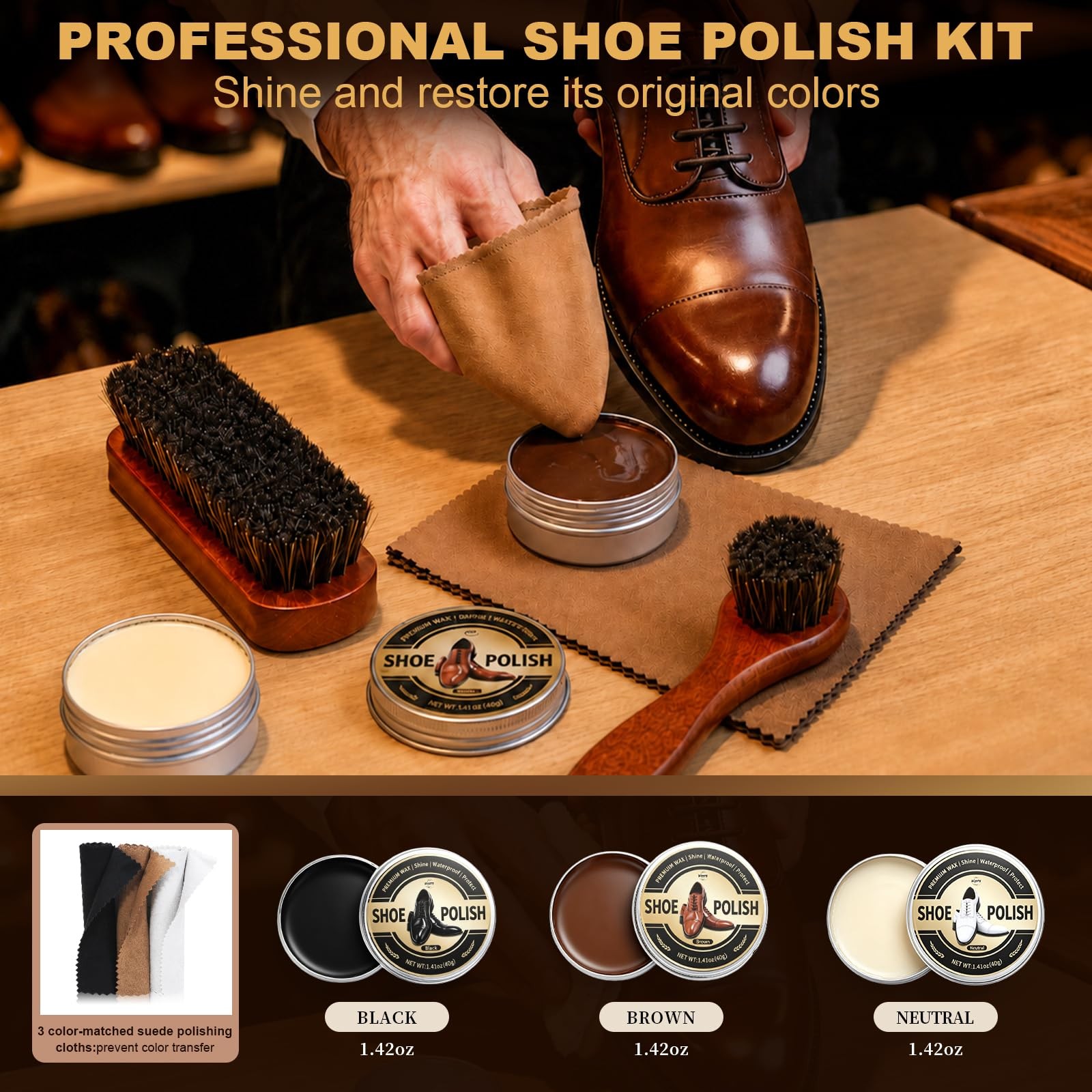 16-in-1 Shoe Polish Kit, Leather Shine Care Cleaning 3.5 Fluid Ounces, Black