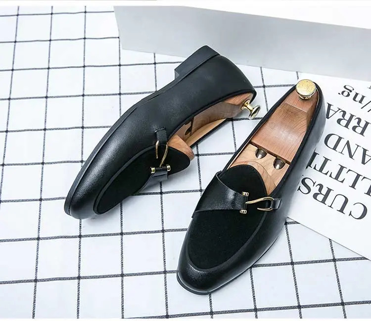 Men’s Slip on Velvet Leather Splicing Shoes Flats Oxfords Hook Driving Fashion