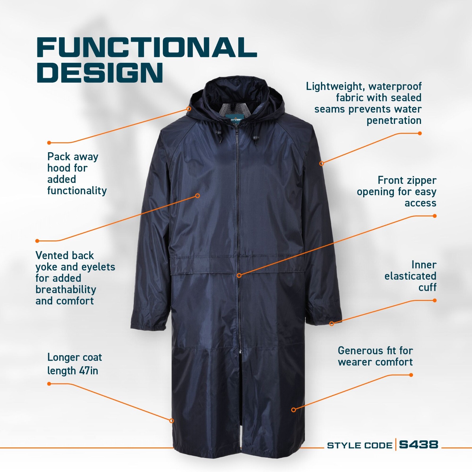 Portwest S438 Men’s Waterproof Raincoat – Lightweight Long Rain Jacket with Hood