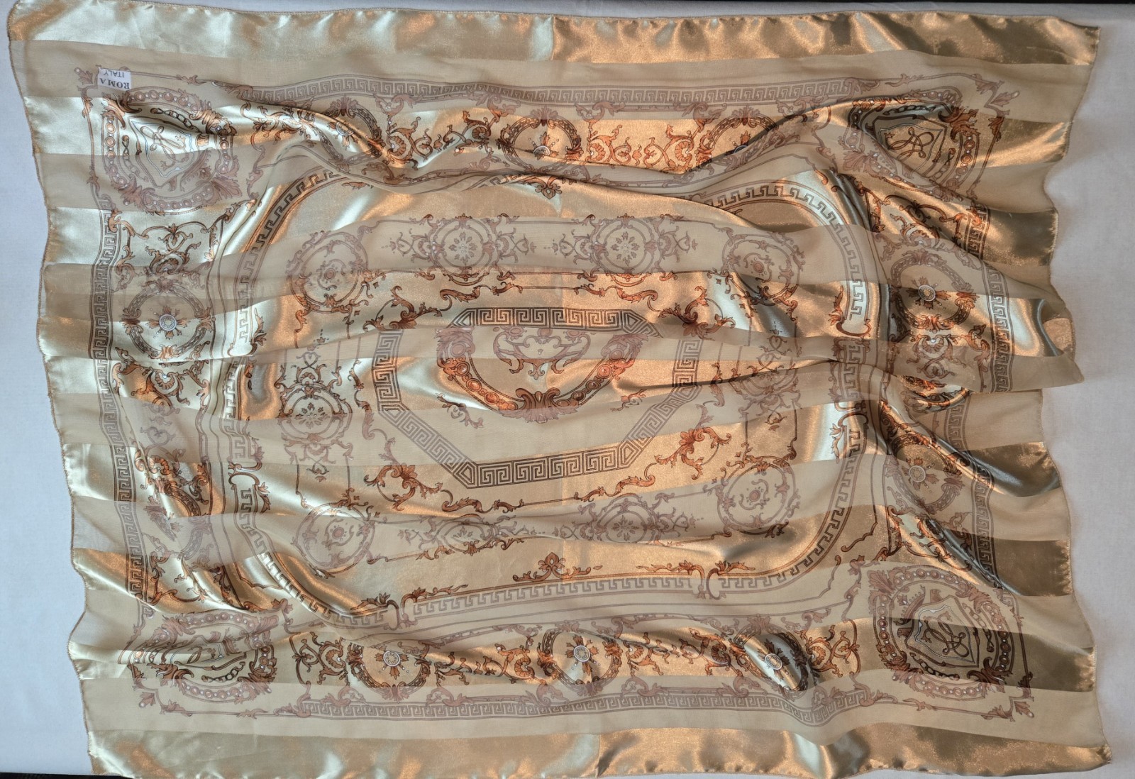 Vintage Scarf Gold Tan & Brown Design Striped Satin Roma Italy 40 X 40 Square