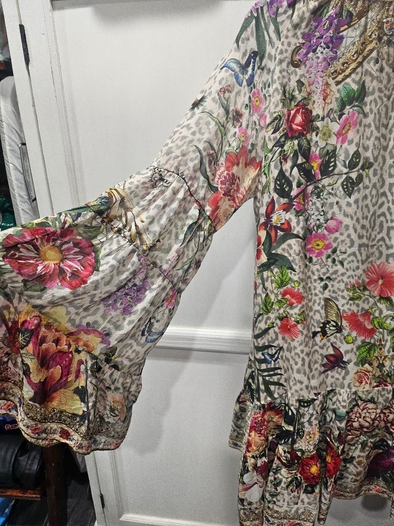 Camilla M/L 12 LEOS BOUQUET A-Line Gathered Panel Dress Short Silk Crystals $699