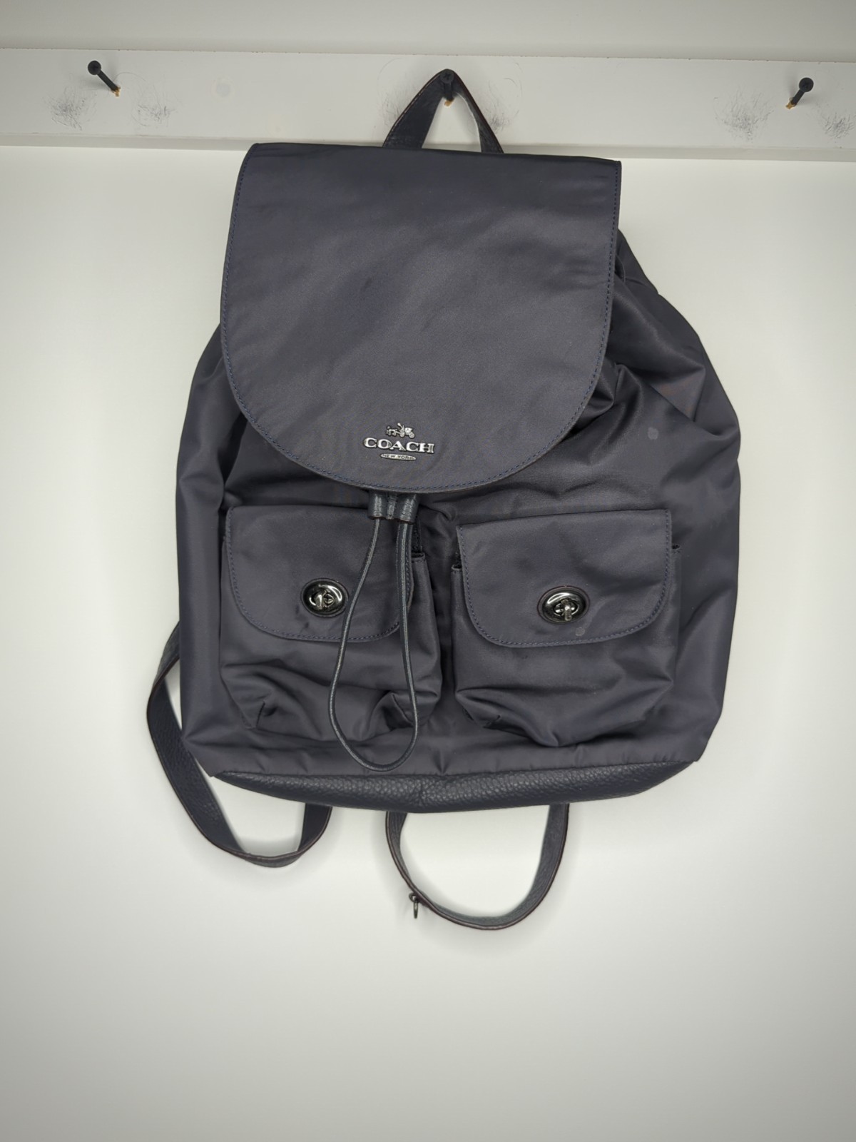 Coach Billie Navy Nylon & Pebbled Leather Turn Lock Drawstring Backpack