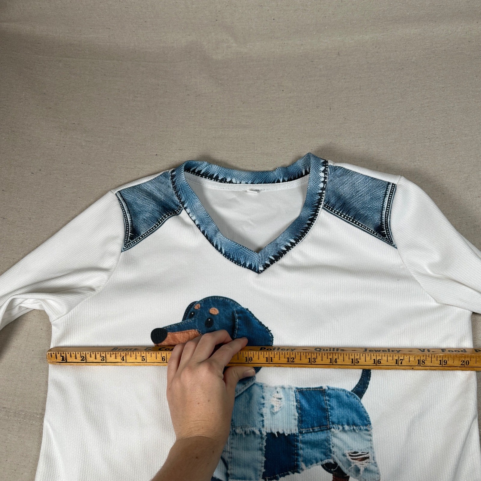 Dachshund Wiener Dog Patchwork Denim Look V-Neck Top White Small