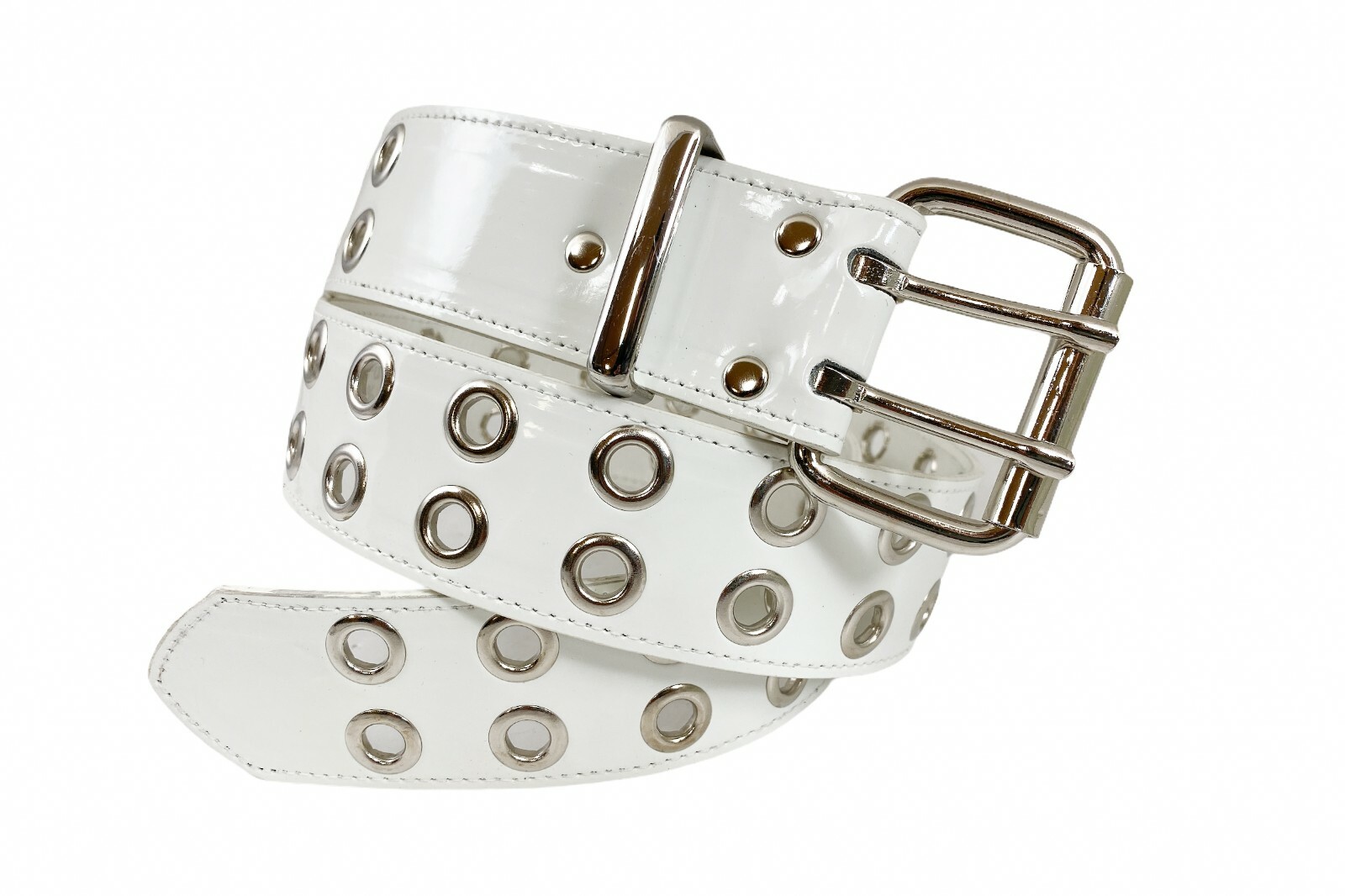 White Patent 2 Row Eyelet Grommet Uniform Belt USA Made Rock Goth Funk Plus