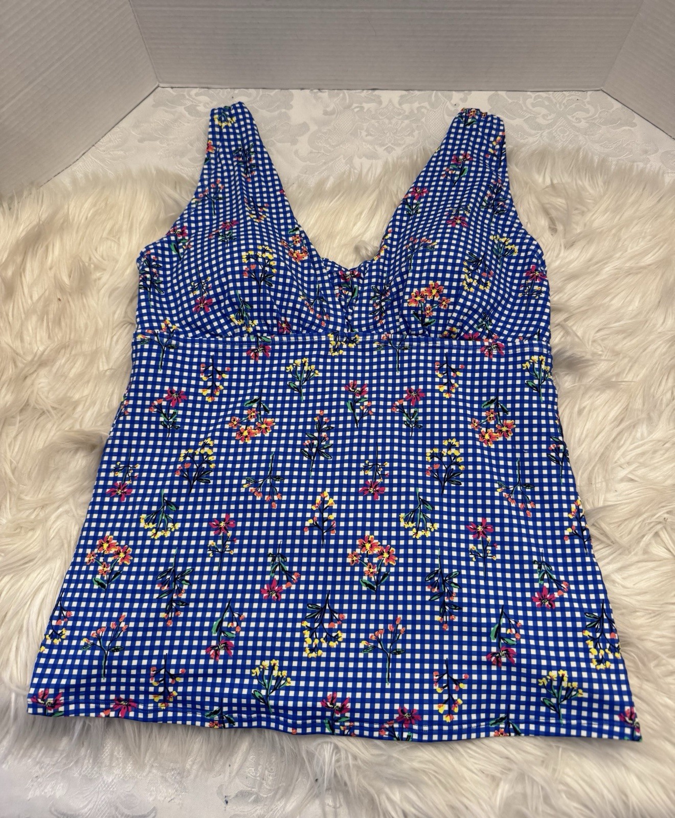 Lands’ End 10 Blue Floral Gingham Tankini Swimsuit Top Deep Plunge V Neck Modest