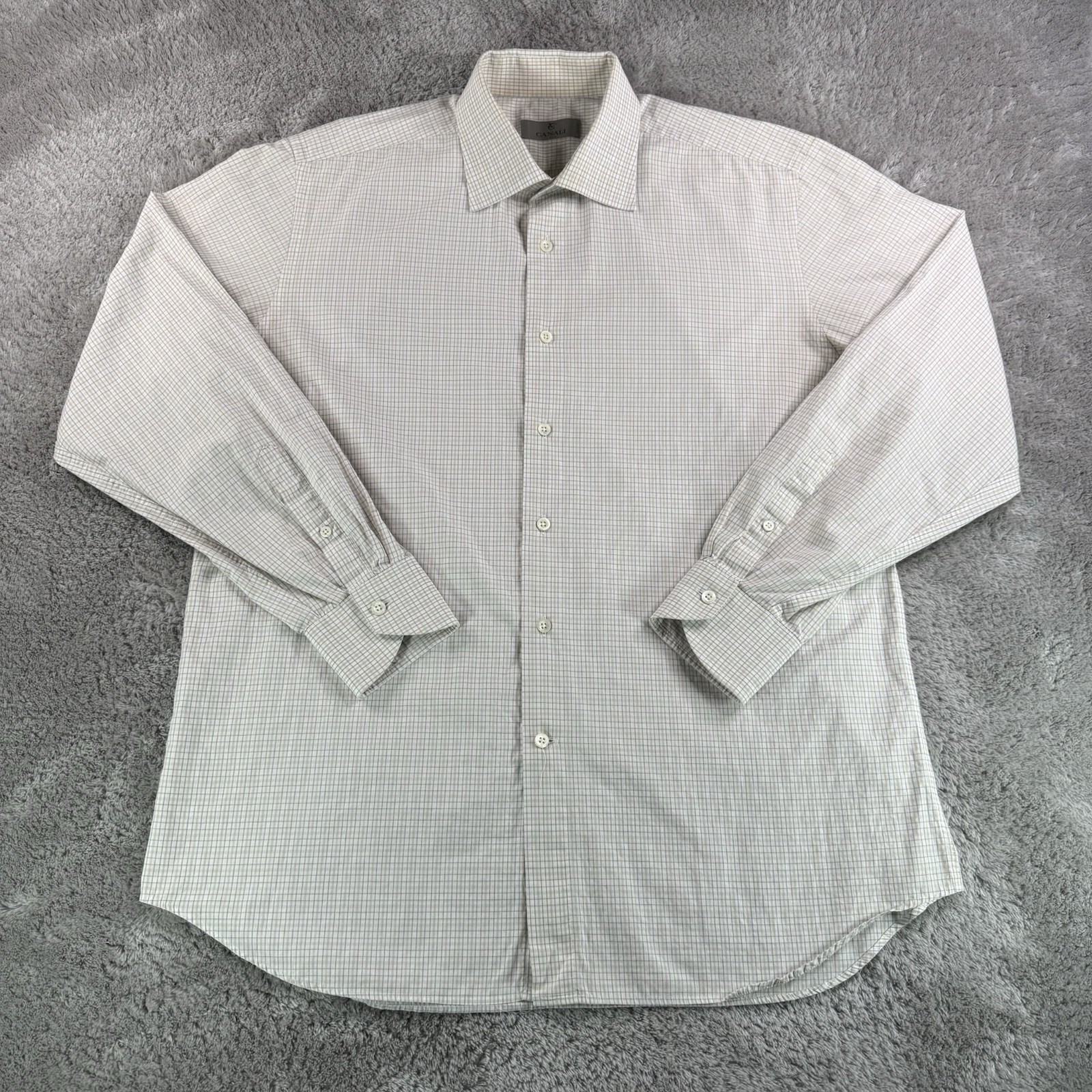 Canali 1934 Dress Shirt Mens 43 17 Beige Blue Check Cotton Button Up Italy