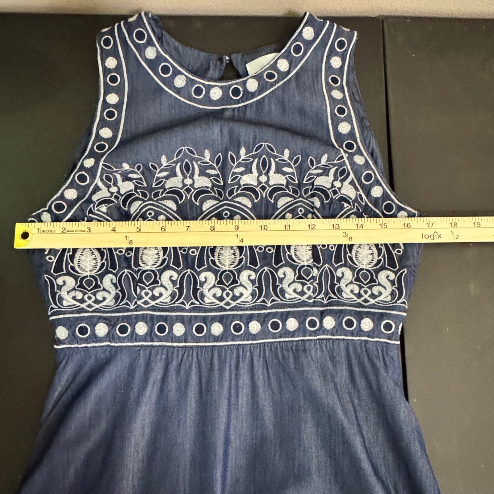 J.O.A Embroidered Denim Dress Open Back Boho Fit Flare Mini S