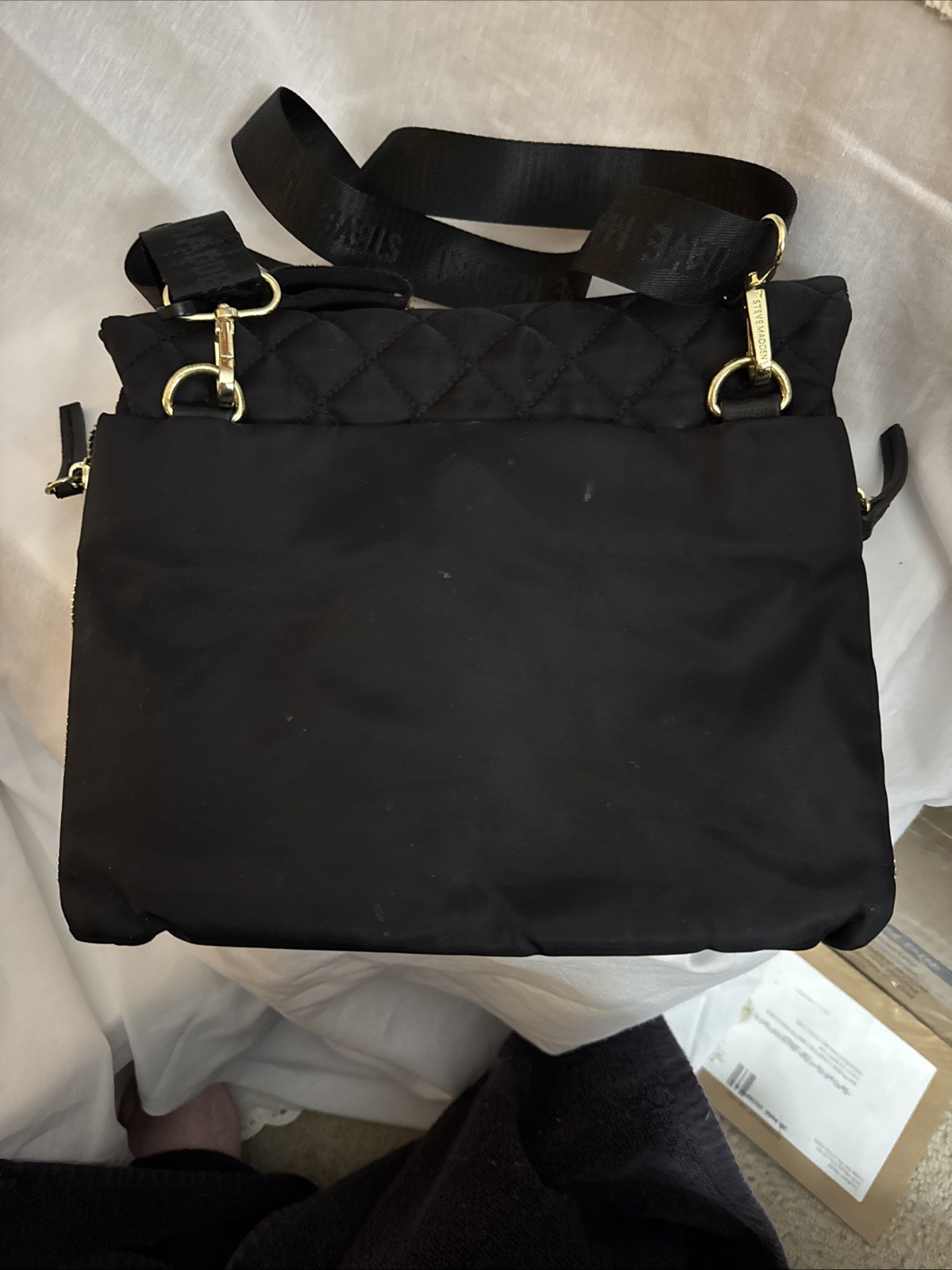 Steve Madden Black Crossbody Bag Quilted, Logo & Zipper Accents
