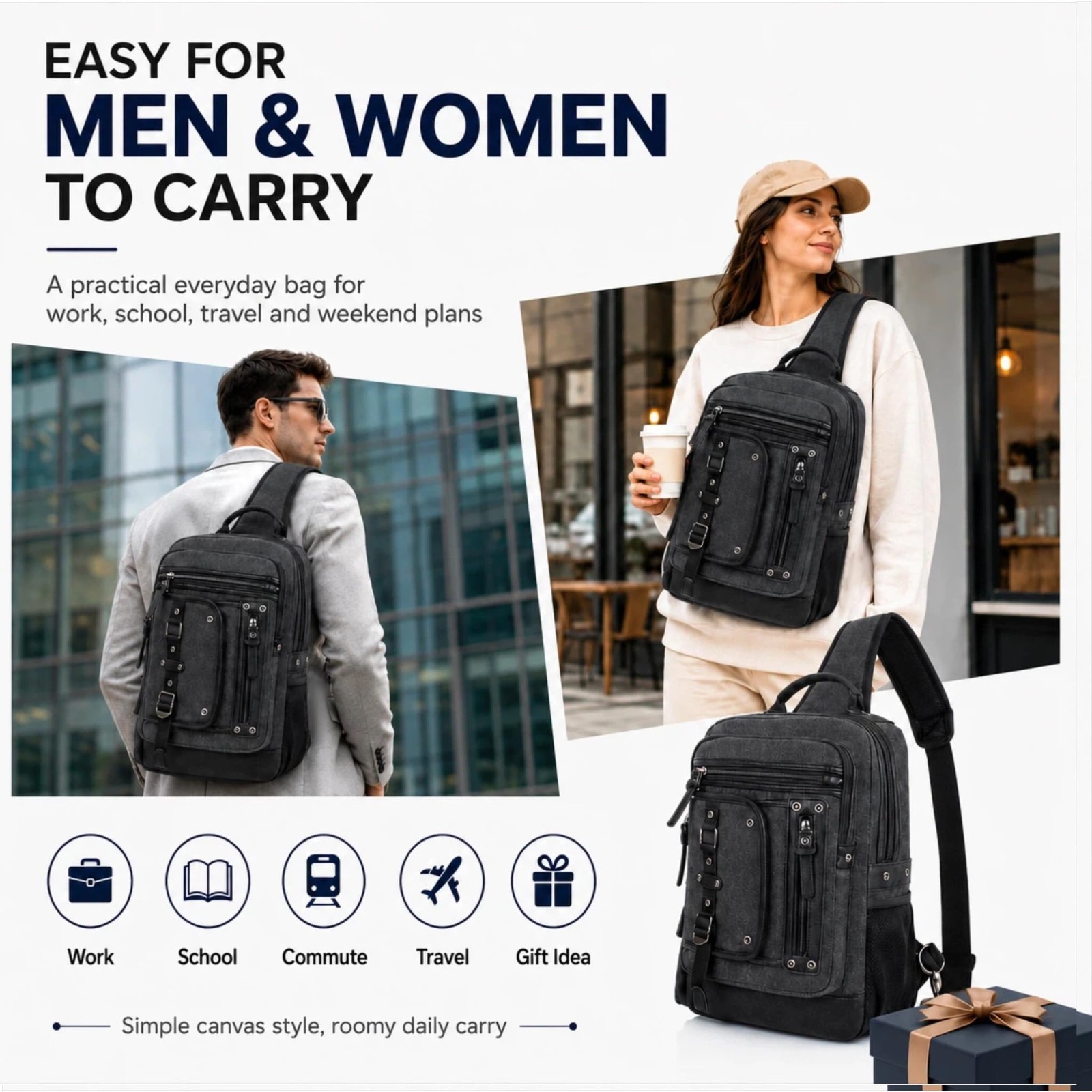 Large Canvas Crossbody Sling Bag for Men – Fits 15.6″ Laptop, Ideal for Work & C