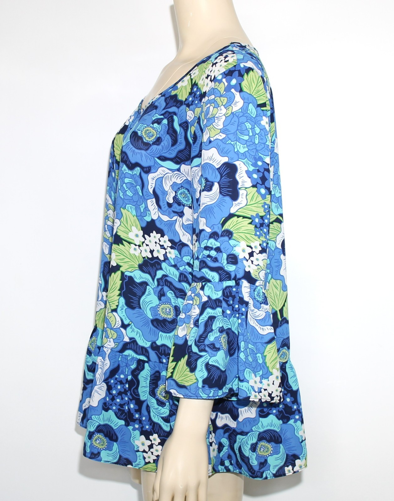 Pappagallo Women’s Vibrant Blue and Green Floral Top With Ruffle Sleeve & Hem L