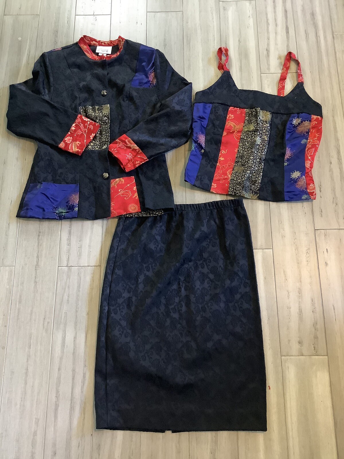 Vintage 3 Piece Asian Look Skirt Suit Oriental Look Zoe California VTG Retro