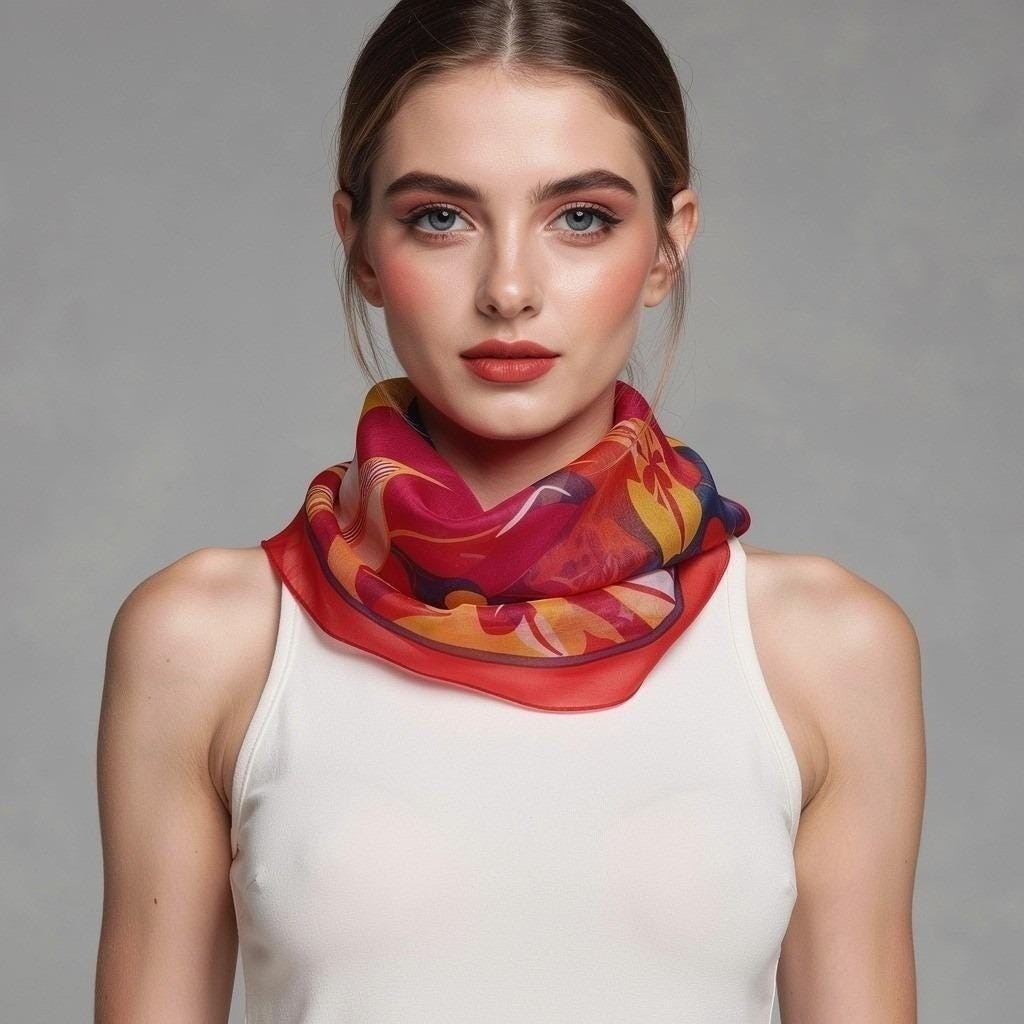 Trevira Vintage Floral Scarf Red Orange Blue Sheer Rectangular Lightweight 60×11