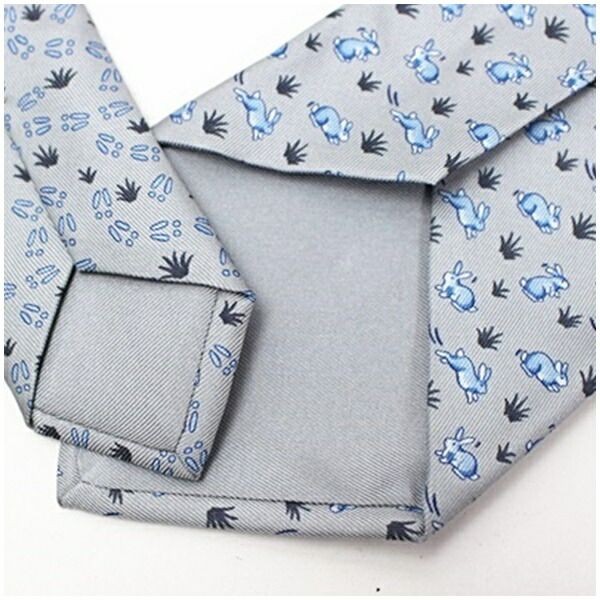 Hermès Silk Necktie Rabbit Pattern Used A Rank Gray Blue 9cm Mens