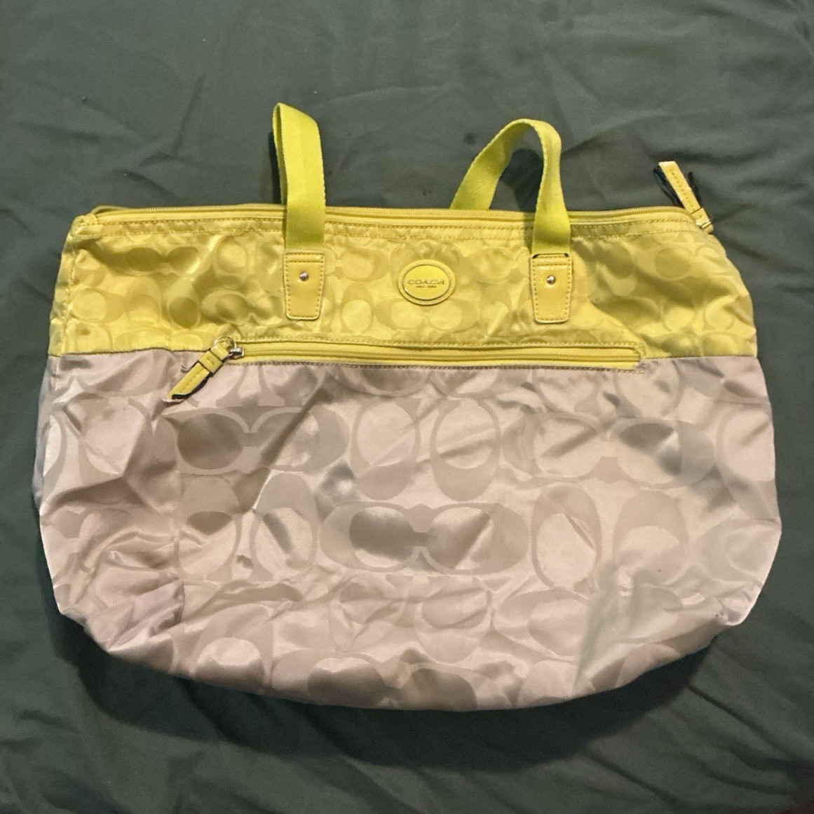 Coach Logo Tote Bag Yellow/Beige Zip Top Lined Double Handles Women