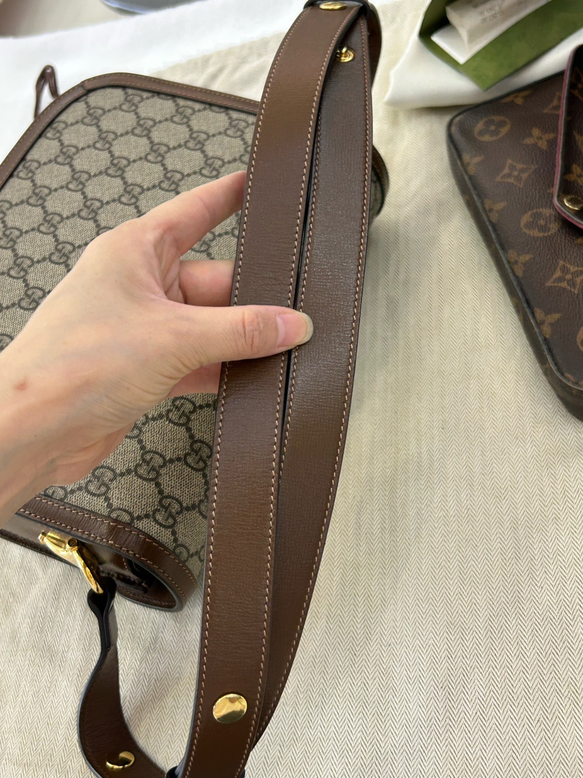 Authentic Gucci Horsebit 1955 GG Supreme Canvas and Leather Shoulder Bag Brown