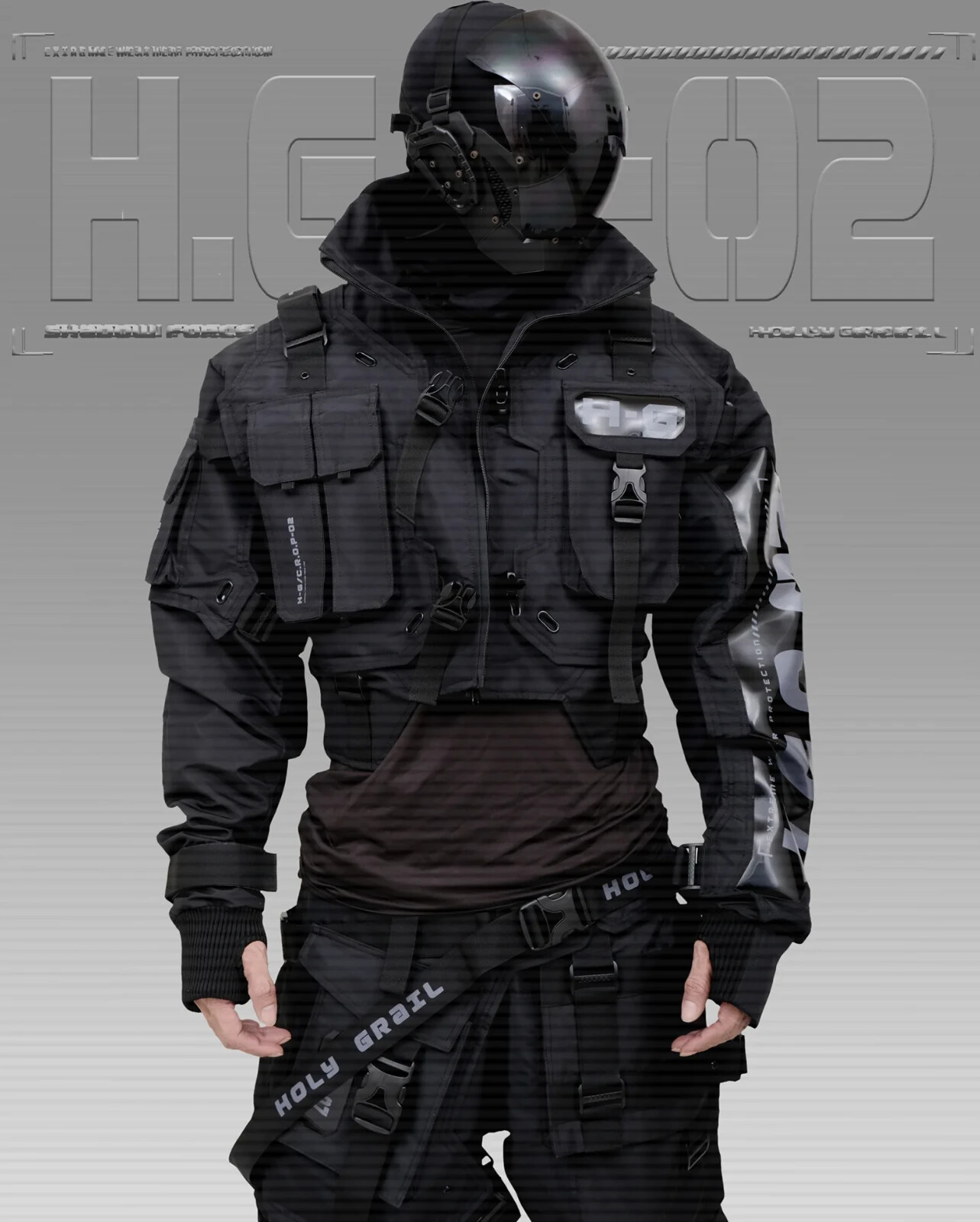 Men’s Techwear Black Jacket Hoodie Full Zip Buckle Holygrail H.G.C-02/BLK