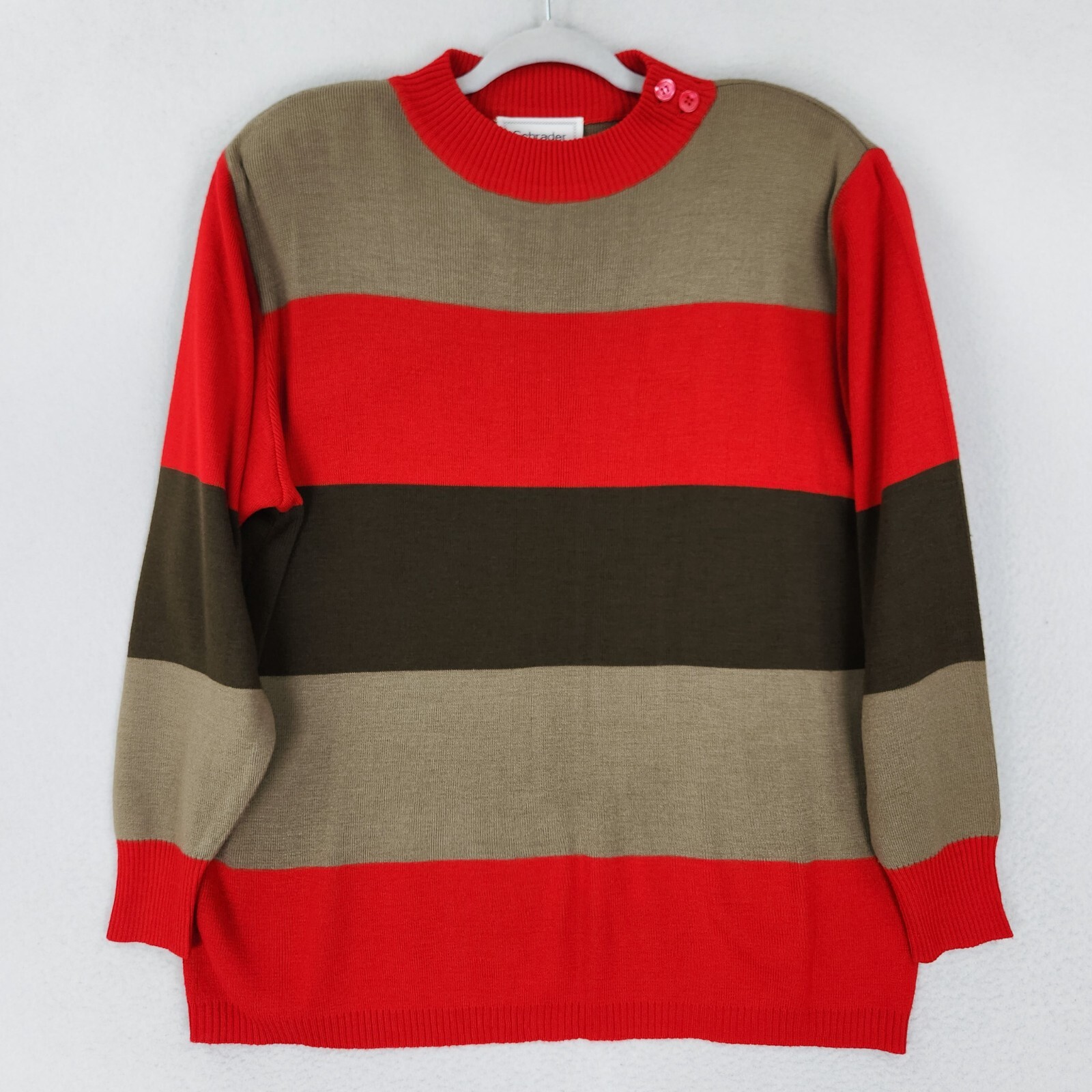 Schrader Knit Vintage Sweater Women 12 Red Brown Wool Blend Crew Neck Colorblock