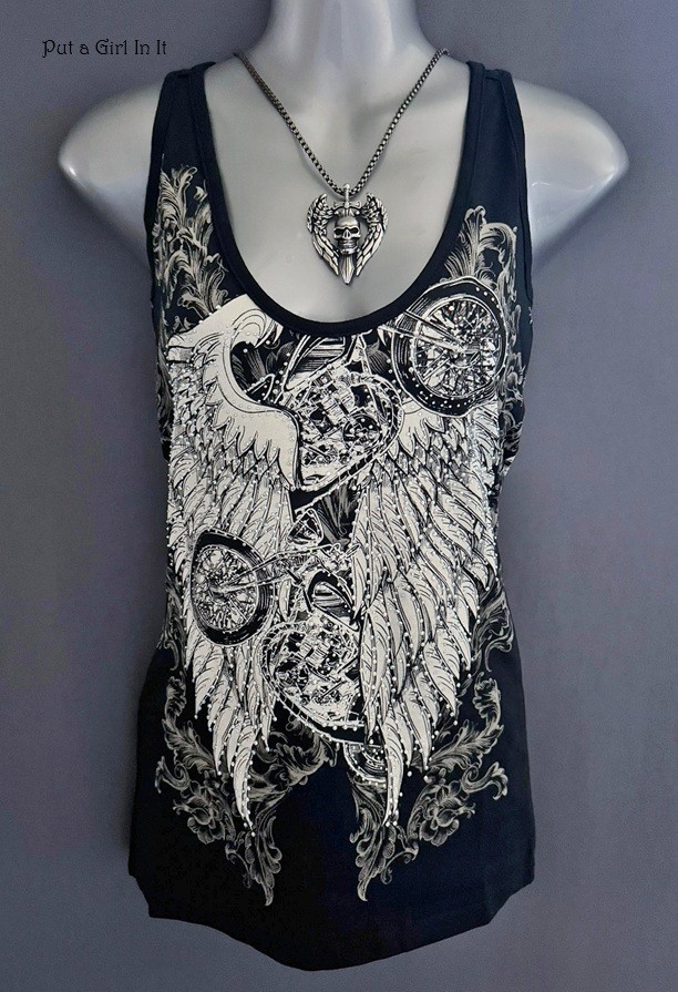 New Womens BLACK CRYSTAL MOTORCYCLE ANGEL WINGS BIKER TANK TOP S M L XL 1X 2X 3X