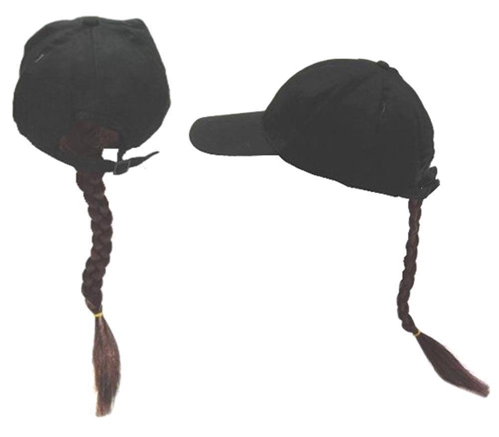 Joke Novelty Baseball Hat w Long Brown Braided Ponytail Fake Hair in the BacK