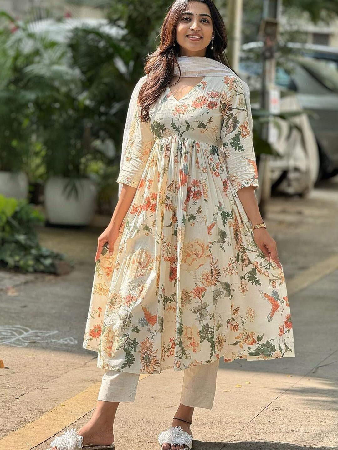 Women’s Rayon Blend Printed Anarkali Kurta with Pant & Dupatta