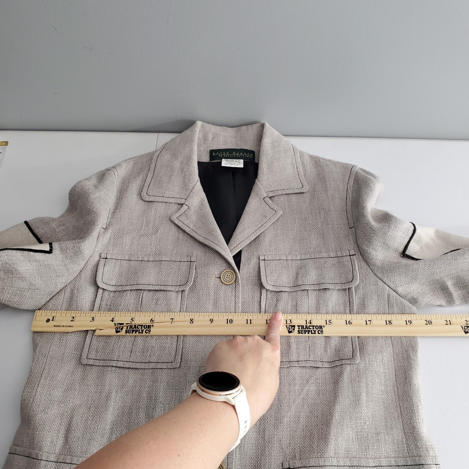 Harve Benard 100% Linen Safari Jacket Tan Contrast Sleeve Utility Blazer Size 10