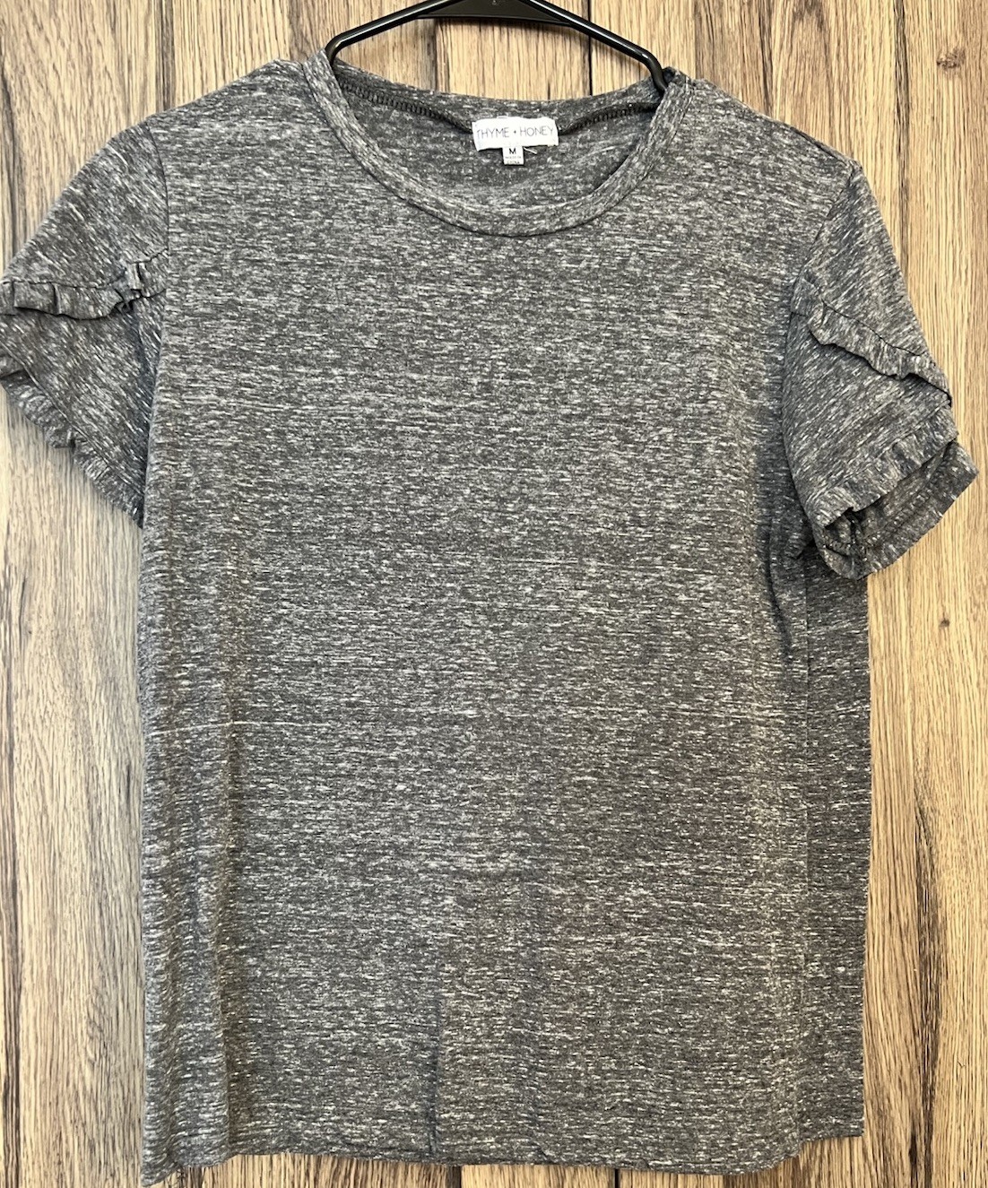 Women’s Thyme And Honey Ruffle Sleeve T Shirt Heathered Blue Grey Size M