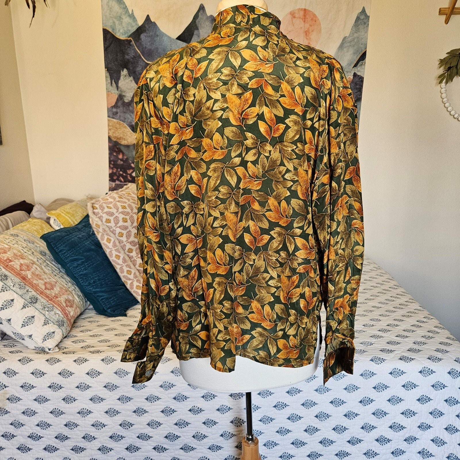 Quo 100% Silk Blazer Jacket Womens Large Boho Floral Leaf Print Lightweight