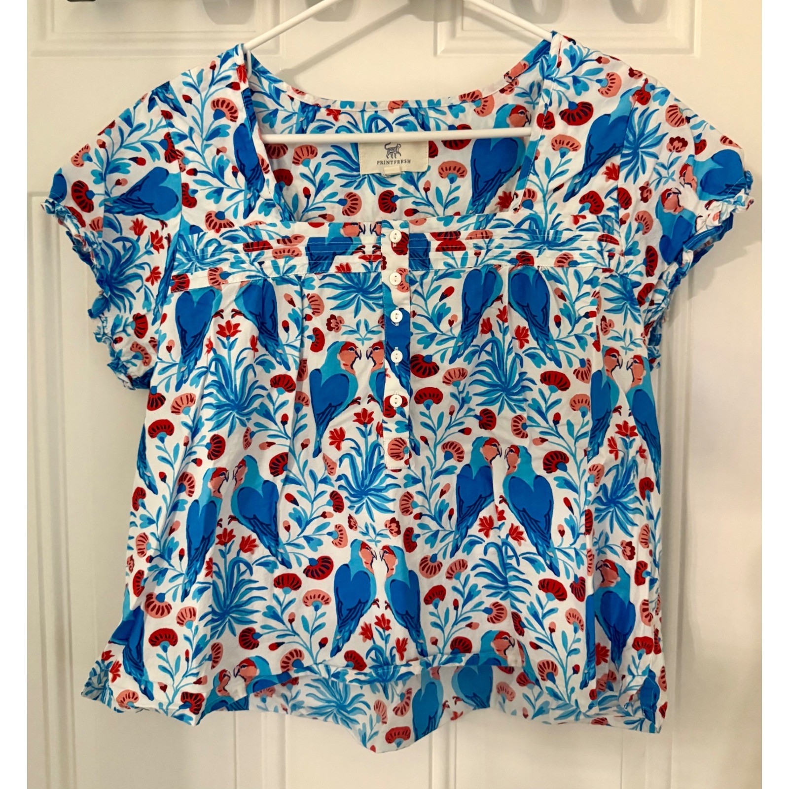 Printfresh Parrot Print Top Large Excellent Blue Tropical Floral Button Front
