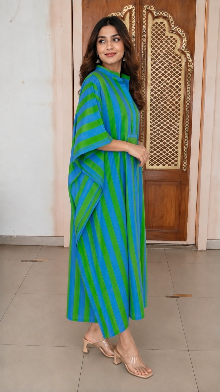 Green Striped Print Caftan For to be Moms Beach Cover Up Maxi Summer Long Kaftan