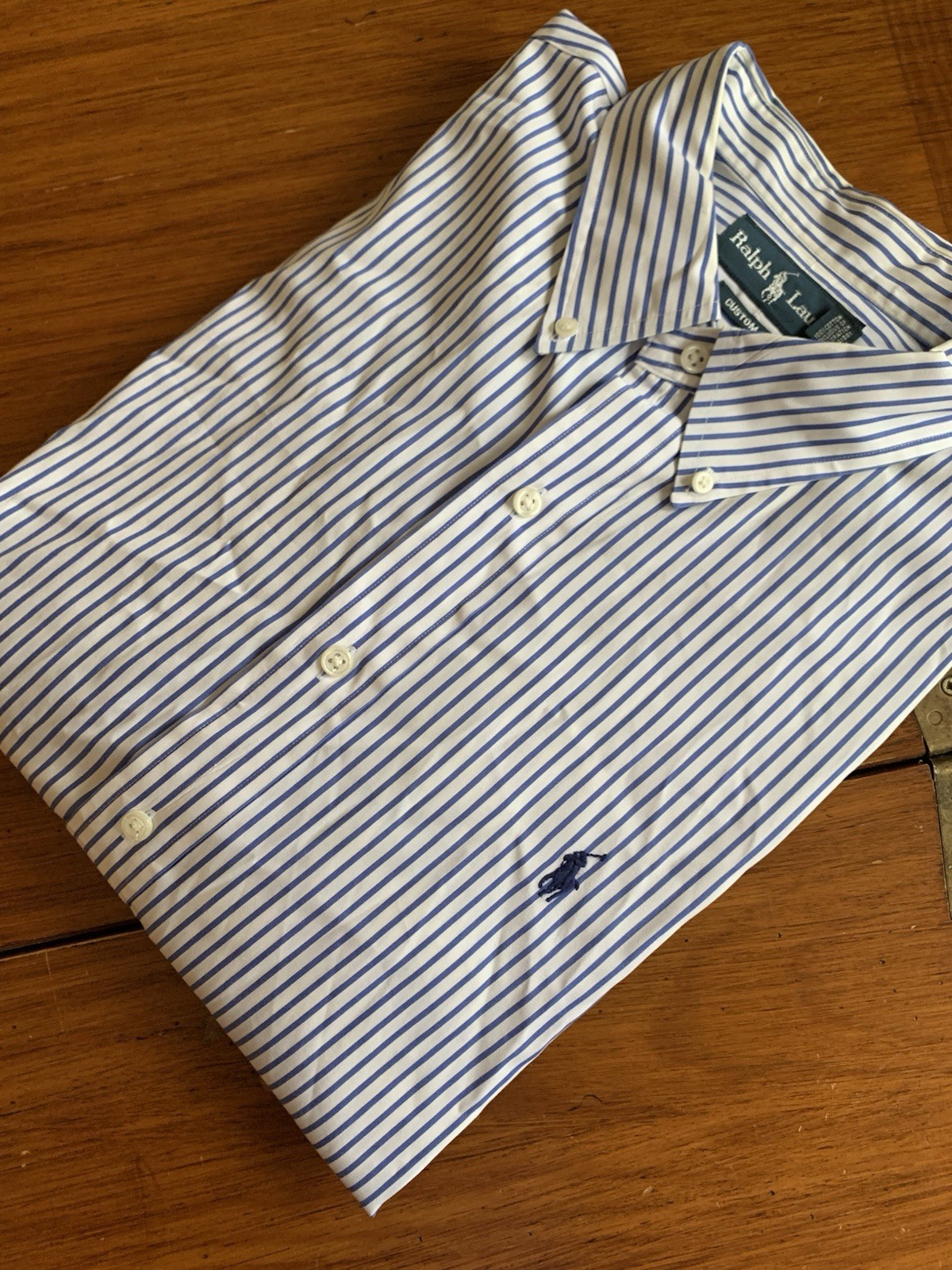 Polo Ralph Lauren Blue Stripe Mens Shirt Size 17.5-34/35 Button Dn Custom Fit