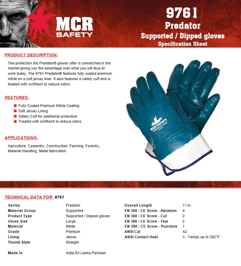 1 PAIR 9761 MCR Predator Series Fully Coated Smooth Nitrile Work Gloves LARGE