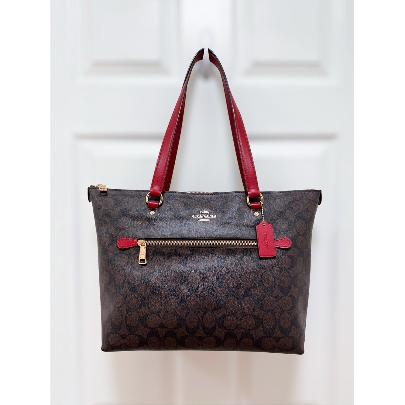 Coach Gallery Tote Bag Brown Signature Coated Canvas Crimson Red Leather 79609