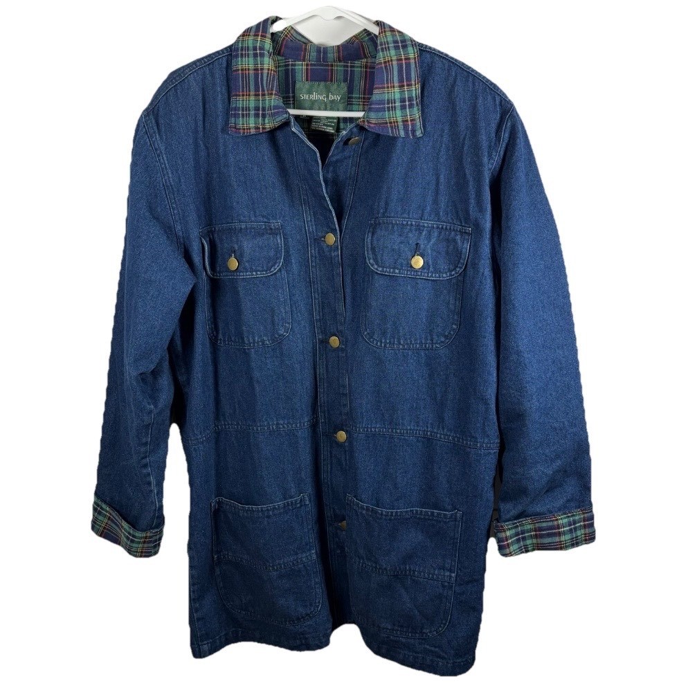 Vintage Sterling Bay Denim Chore Coat Flannel Lined Barn Jacket Men M Hong Kong