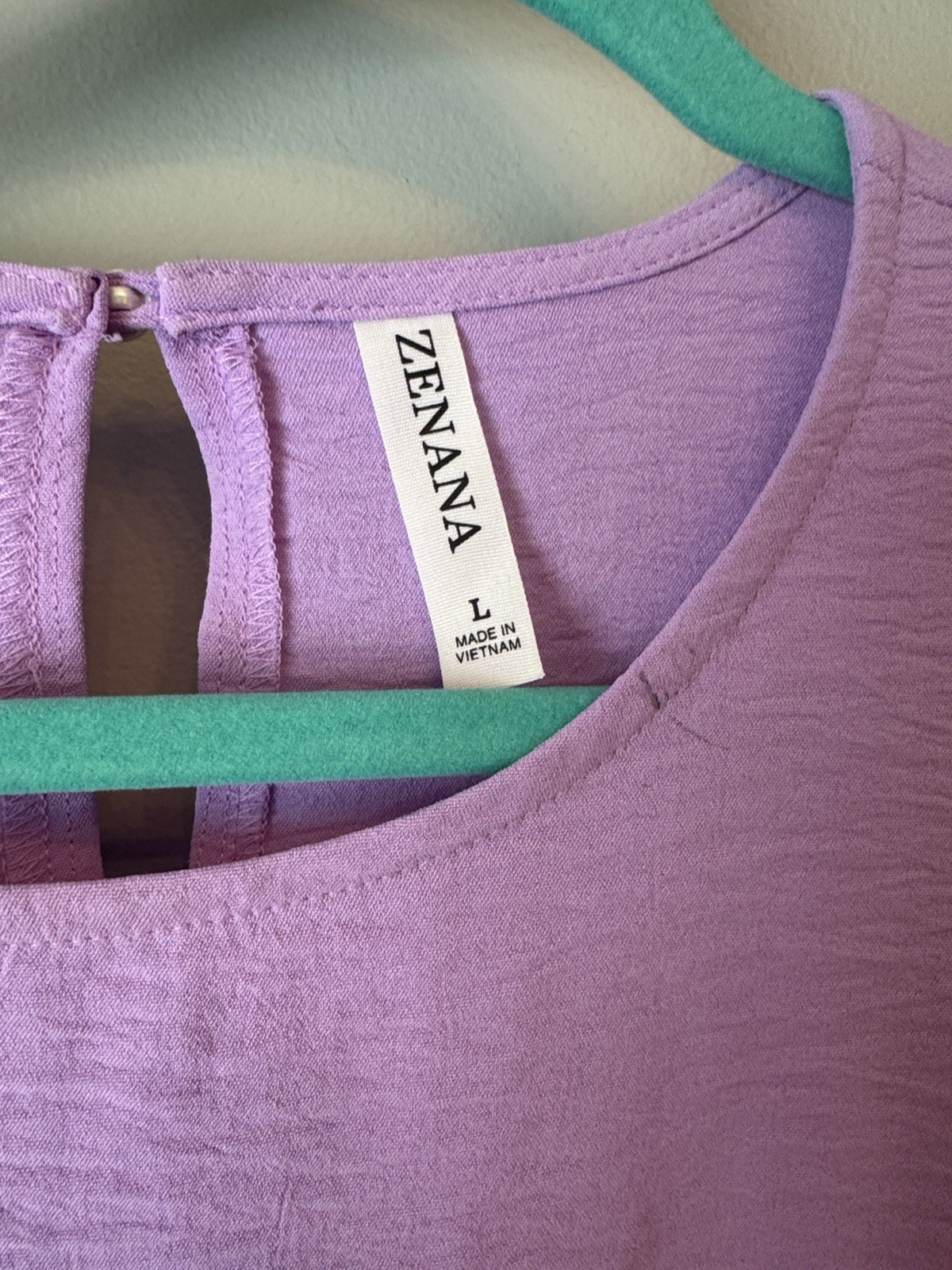 Zenana Purple Solid Round Neck Ruffle Short Sleeve Button Blouse L