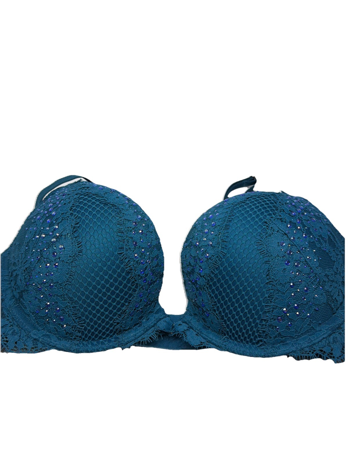 Victoria Secret Bombshell 36A Rhinestone Plunge Add +2 Cup Sizes Bra Blue
