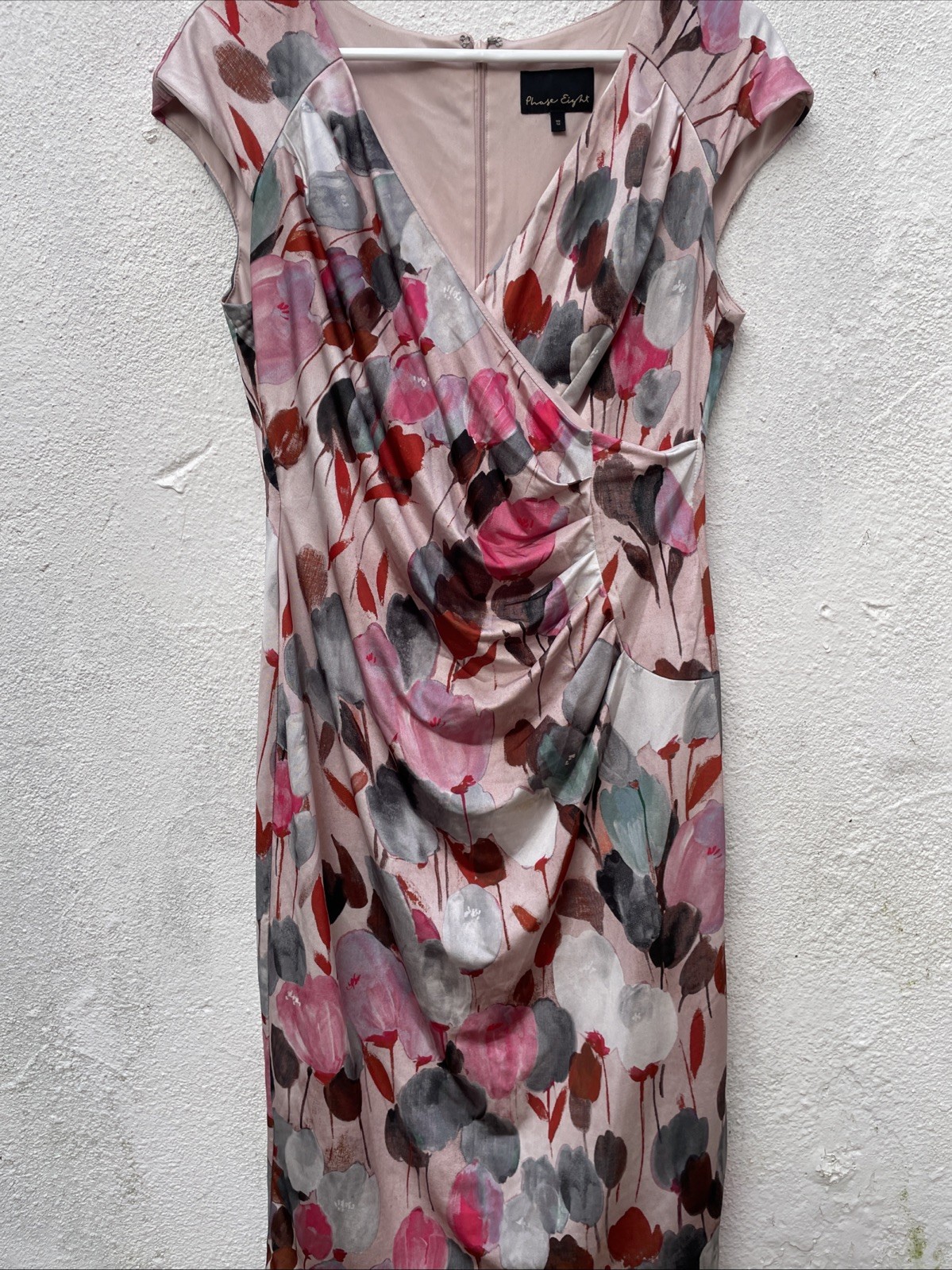 Phase 8 Pencil Dress Womens 12 38” Pink Floral Tulips Short Sleeve Wedding Party