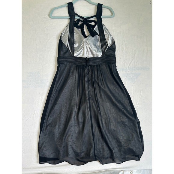 Sangria Black Pleated Chiffon Metallic Cocktail Dress Braided T-Back Size 10
