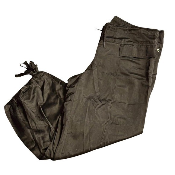 Y2K Black Cargo Capri Pants Zip Knee Parachute Utility Tie Hem Silk Blend M