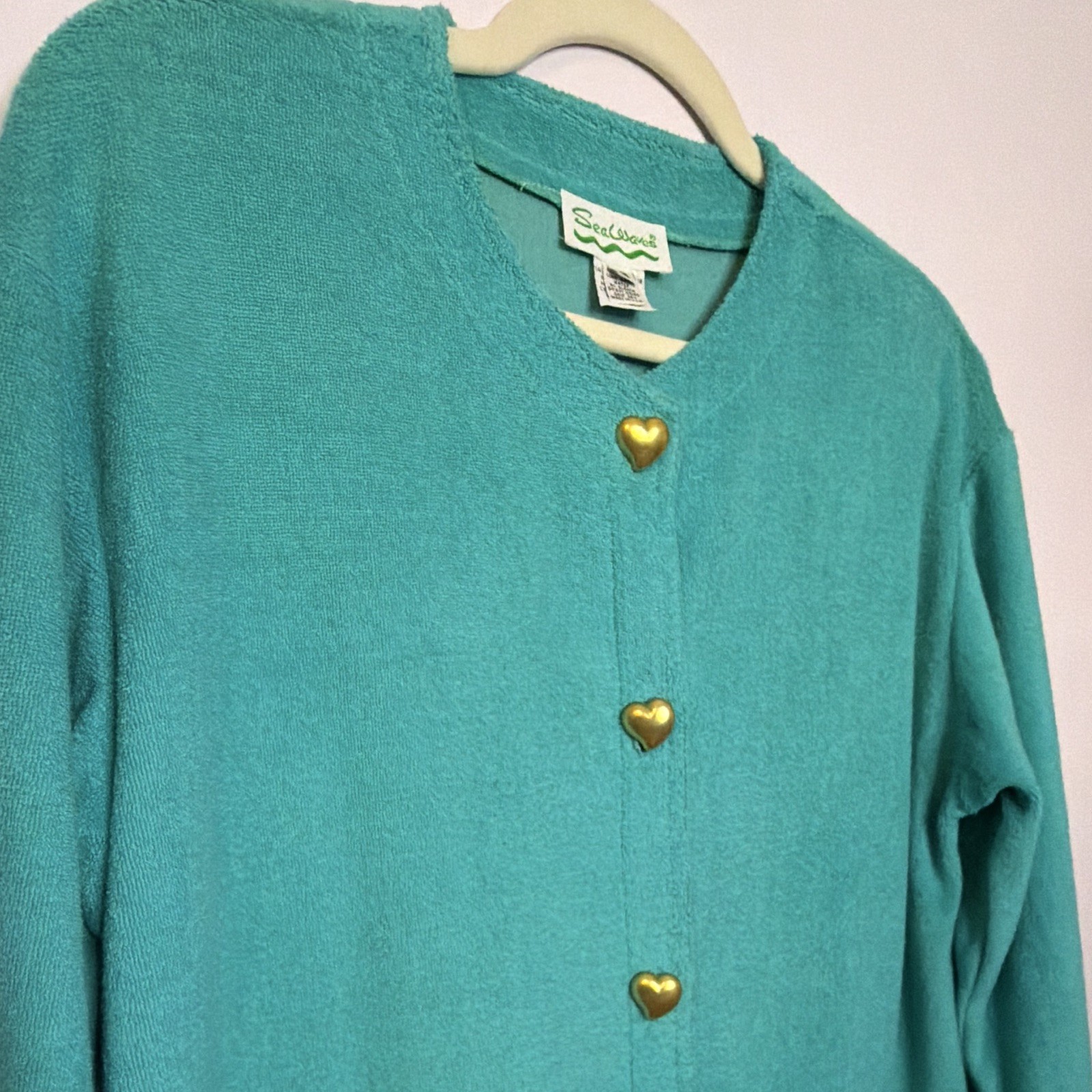 Vintage Sea Waves Turquoise Solid swim cover up gold Heart Buttons Small